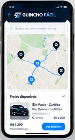 Tela do aplicativo de referência com mapa e listagem de fretes, apresentada em tons neutros